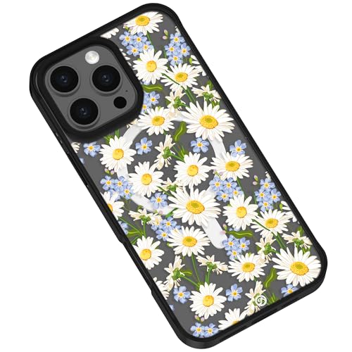 Frepstudio Girly Floral Schutzhülle kompatibel mit iPhone 15 Pro Max 17 cm (6,7 Zoll), weißes Gänseblümchenmuster, transparent, stoßfest, kompatibel mit Magsafe, für Frauen und Mädchen (blühende von Frepstudio