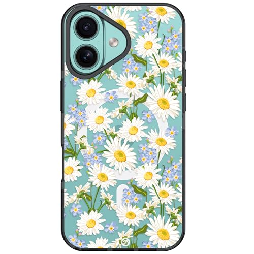 Frepstudio Girly Floral Schutzhülle kompatibel mit iPhone 16 Plus 17 cm (6,7 Zoll), weißes Gänseblümchenmuster, transparent, stoßfest, kompatibel mit Magsafe, für Frauen und Mädchen (blühende Blumen) von Frepstudio