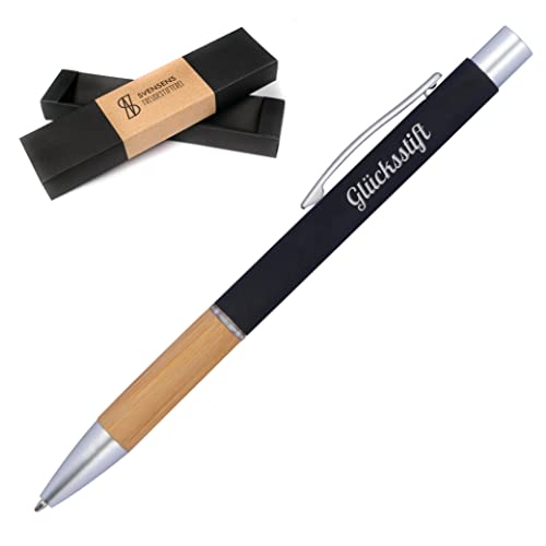 Glücksstift - Metall Bambus Kugelschreiber mit Gravur in Geschenk-Box | Kuli Stift | Glücksbringer Prüfung Schule Studium Abschied | Bambus | blauschreibend von Freudestifterei