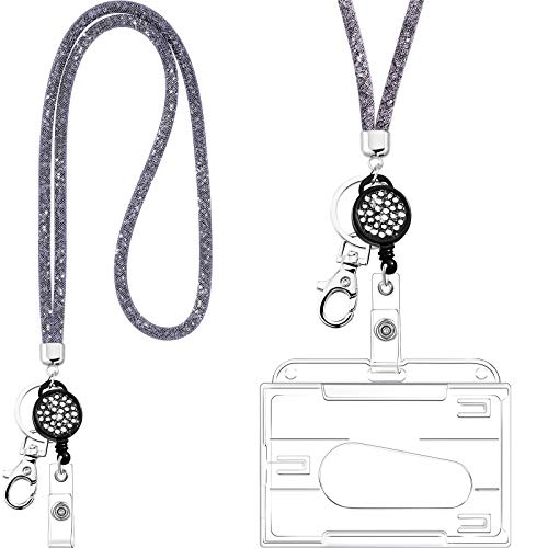 Kristall Lanyard Halskette mit Transparentem ID Kartenhalter und Schlüsselring, Bling Strass Kristall Lanyard Riemen Klar Ausweishalter und Umhängeband (Grau) von Frienda