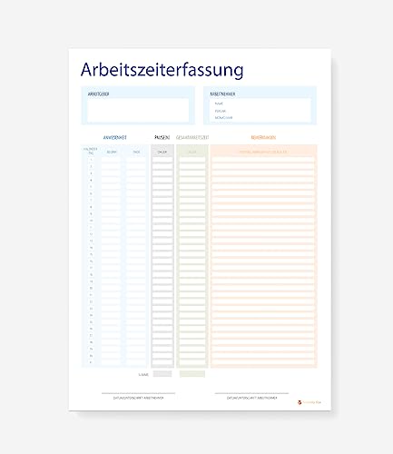 Friendly Fox Arbeitszeiterfassung, DIN A4 Block zur Dokumentation der Arbeitszeit, Stundenzettel als Arbeitszeitnachweis von Friendly Fox