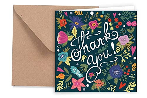 Friendly Fox Dankeskarte Thank you, 1x Danke Karte mit Blumen Motiv, Quadratische Dankeschön Karte mit Kraftpapier Umschlag von Friendly Fox