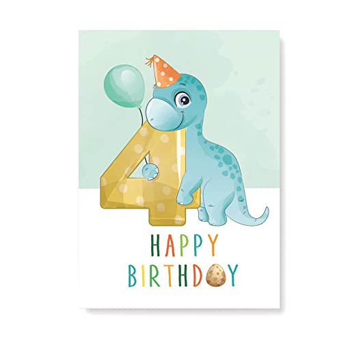 Friendly Fox Geburtstagskarte für Kinder 4. Geburtstag, 1x DIN A5 Dino Glückwunschkarte zum Kinder Geburtstag, Happy Birthday Karte mit Umschlag von Friendly Fox