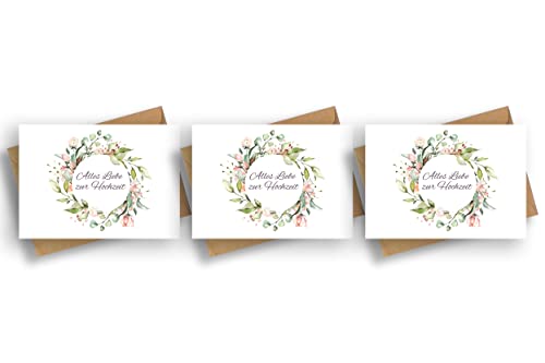 Friendly Fox Hochzeitskarte, 3x Karte zur Hochzeit mit Blumenkranz Motiv, Alles Gute zur Hochzeit, DIN A6 Karten inkl. Umschläge von Friendly Fox