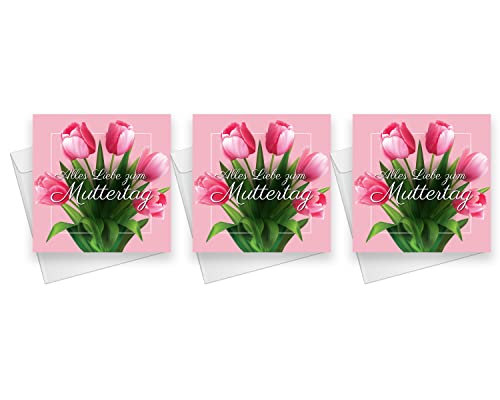 Friendly Fox Muttertag Karte, 3x Grußkarte Muttertag, quadratische Muttertagskarte mit rosa Tulpen, Glückwunschkarte Muttertag für die beste Mama der Welt von Friendly Fox