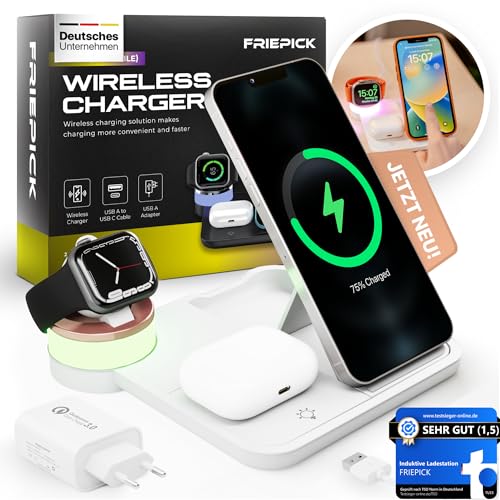 FRIEPICK Ladestation für iPhone, kabelloses Ladegerät für iPhone und Apple Watch, iPhone Wireless Charger - iPhone 15 14 13 12 11 Pro Max, AirPods 3/2/Pro, Apple Watch 2/3/4/5/6/7/SE, mit LED-Lampe von Friepick