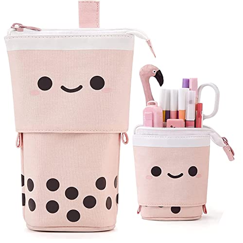 Red Dollar Stifte-Teleskop-Halter, Schreibwarenetui, Segeltuch-Ständer, Transformator-Tasche mit süßem Milchtee-Gesicht, schwarze Punkte, ideal für Kosmetiktasche, Make-up-Tasche (Pink) von Friinder