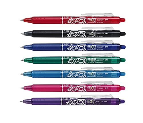 7 x Pilot Frixion Clicker 0,7 mm BLRT-FR7 – radierbarer einziehbarer Rollerball, 1 von jeder Farbe – Rot, Hellblau, Dunkelblau, Grün, Rosa, Violett und Schwarz von Frixion