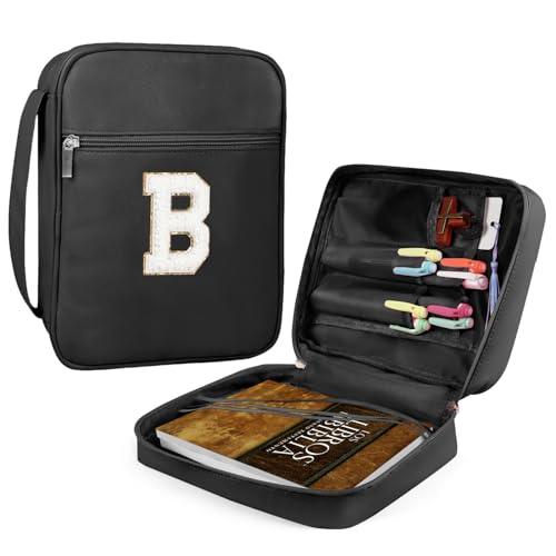 Bibelhülle für Frauen und Mädchen, Bibeltasche für Damen, PU-Leder, große Bibel-Tragetaschen mit Griff und Reißverschlusstasche für Kinder, 25,9 x 19,8 x 6,3 cm, Schwarz (Buchstabe B) von Fruobeyla