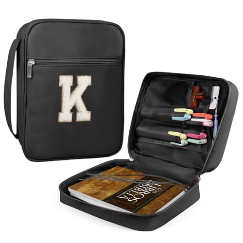 Bibelhülle für Frauen und Mädchen, Bibeltasche für Damen, PU-Leder, große Bibel-Tragetaschen mit Griff und Reißverschlusstasche für Kinder, 25,9 x 19,8 x 6,3 cm, Schwarz (Buchstabe K) von Fruobeyla