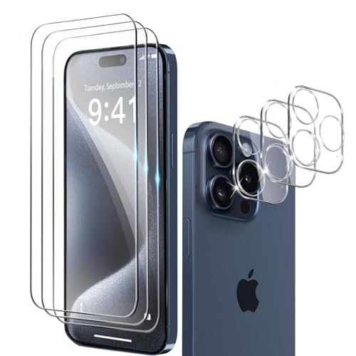 [3+3 Pack] Displayschutzfolie für iPhone 15 Pro |Displayschutzfolie aus gehärtetem Glas + Kameraschutz | 9H Hartglasfolie Anti-Kratz-Hülle Freundlicher Vollschutz für iPhone 15 Pro von Frusde
