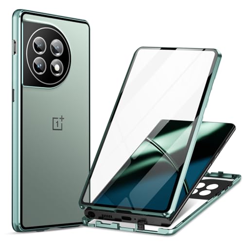 Frusde 360 Grad Hülle für OnePlus 12, Magnetische Adsorption Metallrahmen Ganzkörper Schutzhülle, Vorne Hinten Gehärtetes Glas Transparent Doppelseitige Full Case Dünn Handyhülle OnePlus 12, Grün von Frusde