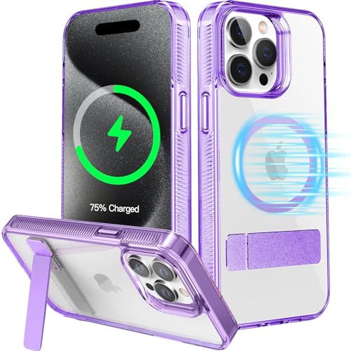 Frusde für iPhone 15 Pro Max Hülle mit Ständer für MagSafe, Metall Ständer Case, 3 Standmodi, Militärnorm Sturzschutz, TPU Bumper Magnetische Transparent Handyhülle für iPhone 15 Pro Max Case (Lila) von Frusde