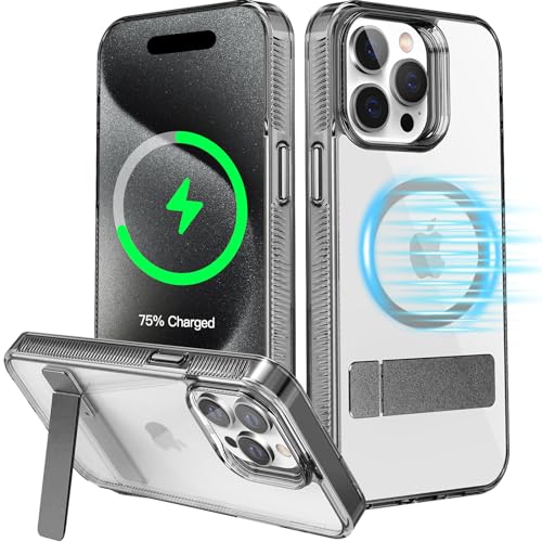 für iPhone 15 Pro Max Hülle mit Ständer für MagSafe, Metall Ständer Case, 3 Standmodi, Militärnorm Sturzschutz, TPU Bumper Magnetische Transparent Handyhülle für iPhone 15 Pro Max Case (Schwarz) von Frusde