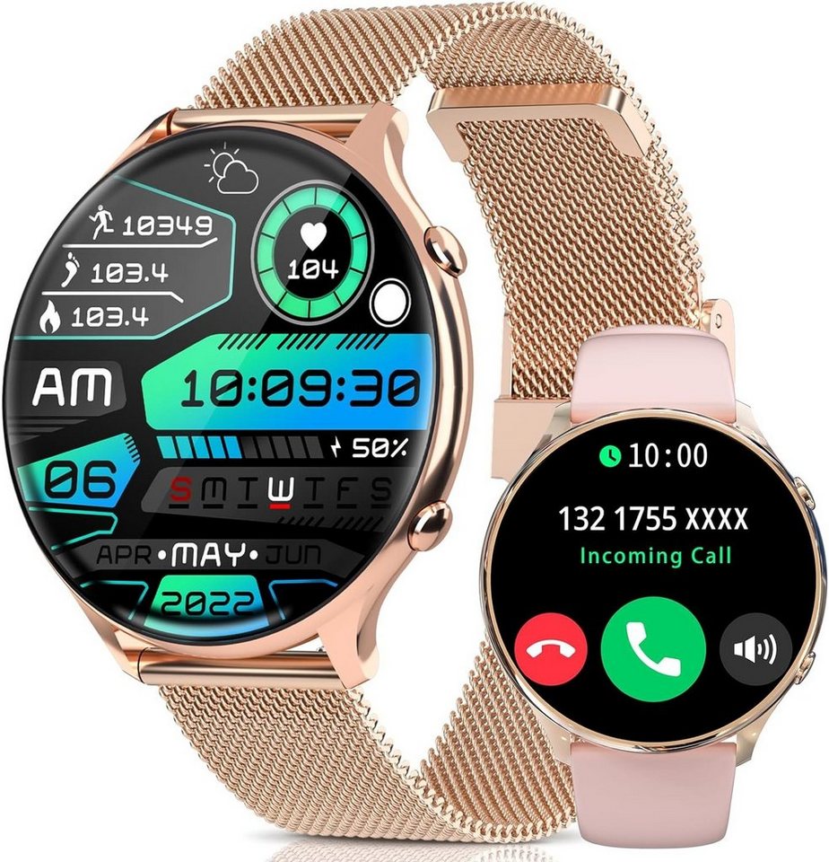 Fsdibst Smartwatch (1,39 Zoll, Android iOS), mit Telefonfunktion Fitnessuhr Damen Runde Mit 120 Sportmodi Spo2 Uhr von Fsdibst