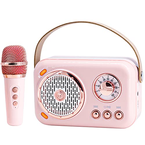 Mini Retro Bluetooth-Lautsprecher mit kabellosem Mikrofon, 4 Soundmodi, 10W HD-Stereoklang, 1200mAh Akku, unterstützt TF-Karte/USB/AUX, Karaoke-Maschine für Zuhause/Party/Outdoor/Mobile KTV (Rosa) von Fsjun