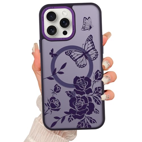 Fsoole Magnetisch für iPhone 13 Pro Max Hülle, [Kompatibel mit MagSafe] Schmetterling Blume Blumendruck Muster Design, Schlank Stoßfest Durchscheinend Matt Cover für Frauen Mädchen, Dunkellila von Fsoole