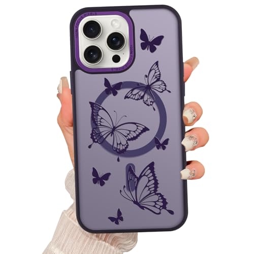Fsoole Magnetisch für iPhone 13 Pro Max Hülle [Kompatibel mit MagSafe] Schmetterling Druck Muster Design, Schlank Stoßfest Durchscheinend Matt Cover für Frauen Mädchen, Dunkellila von Fsoole
