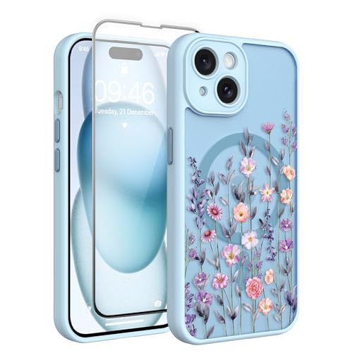Fsoole Magnetische Schutzhülle für iPhone 15, 15,5 cm (6,1 Zoll), mit Displayschutzfolie [Kompatibel mit MagSafe], hübsches Blumenmuster, stoßfest, schlanke Abdeckung für Frauen und Mädchen, Hellblau von Fsoole