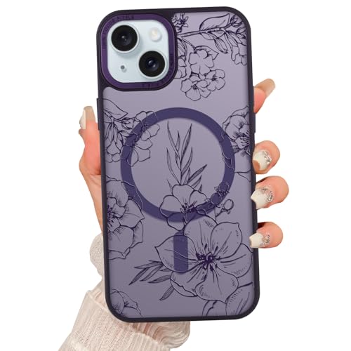 Fsoole Magnetische Schutzhülle für iPhone 15 [Kompatibel mit MagSafe] Blumendruck Muster Design, schlanke, stoßfeste durchscheinende matte Abdeckung für Frauen und Mädchen, Dunkelviolett von Fsoole