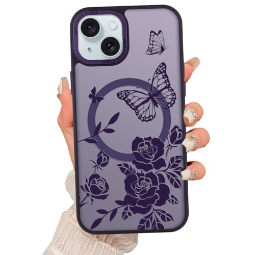 Fsoole Magnetische Schutzhülle für iPhone 15 [Kompatibel mit MagSafe] Schmetterling Blume Blumendruck Muster Design, Schlank Stoßfest Durchscheinend Matt Cover für Frauen Mädchen Dunkellila von Fsoole