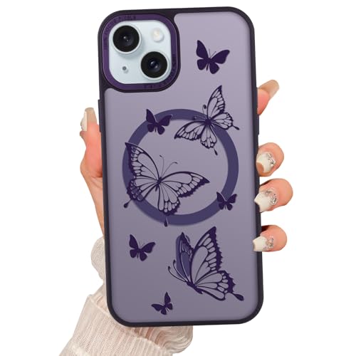 Fsoole Magnetische Schutzhülle für iPhone 15 [Kompatibel mit MagSafe] Schmetterlings-Druckmuster-Design, schlanke, stoßfeste durchscheinende matte Abdeckung für Frauen und Mädchen, Dunkelviolett von Fsoole