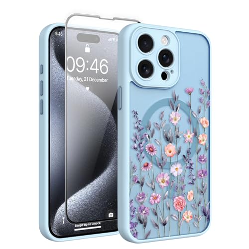 Fsoole Magnetische Schutzhülle für iPhone 15 Pro Max 6,7 Zoll mit Displayschutzfolie [Kompatibel mit MagSafe] Hübsches Blumenmuster-Design, stoßfest, schlanke Abdeckung für Frauen und Mädchen von Fsoole