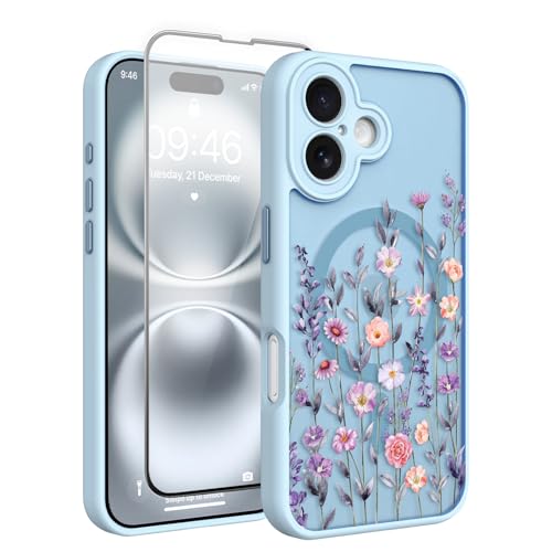 Fsoole Magnetische Schutzhülle für iPhone 16, 15,5 cm (6,1 Zoll), mit Displayschutzfolie [Kompatibel mit MagSafe], hübsches Blumenmuster, stoßfest, schlanke Abdeckung für Frauen und Mädchen, Hellblau von Fsoole