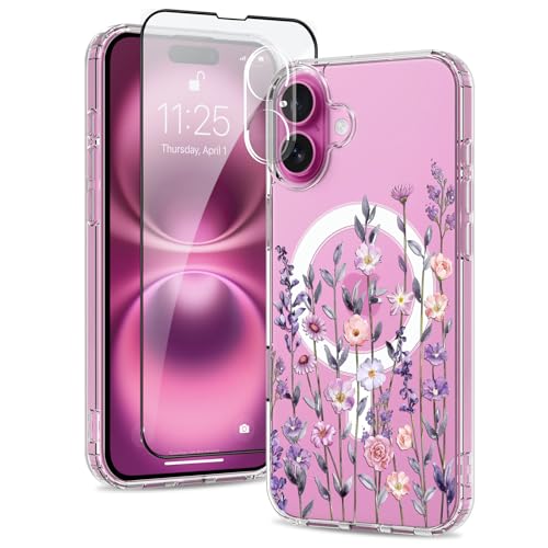 Fsoole Magnetische Schutzhülle für iPhone 16 Plus, kompatibel mit MagSafe, mit Bildschirm- und Kameraschutz, klares Blumenmuster, schlanke, stoßfeste Handyhülle für Damen und Mädchen Fsoole Magnetische Schutzhülle für iPhone 16 Plus, kompatibel mit MagSafe, mit Bildschirm- und Kameraschutz, klares Blumenmuster, schlanke, stoßfeste Handyhülle für Damen und Mädchen von Fsoole