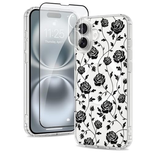 Fsoole Magnetische Schutzhülle für iPhone 16 Plus, kompatibel mit MagSafe, mit Bildschirm- und Kameraschutz, transparent, Rosenmuster, schlanke, stoßfeste Handyhülle für Damen und Mädchen von Fsoole