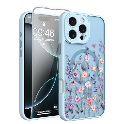 Fsoole Magnetische Schutzhülle für iPhone 16 Pro Max, 17,5 cm (6,9 Zoll), mit Displayschutzfolie [Kompatibel mit MagSafe], hübsches Blumenmuster, stoßfest, schlanke Abdeckung für Frauen und Mädchen von Fsoole
