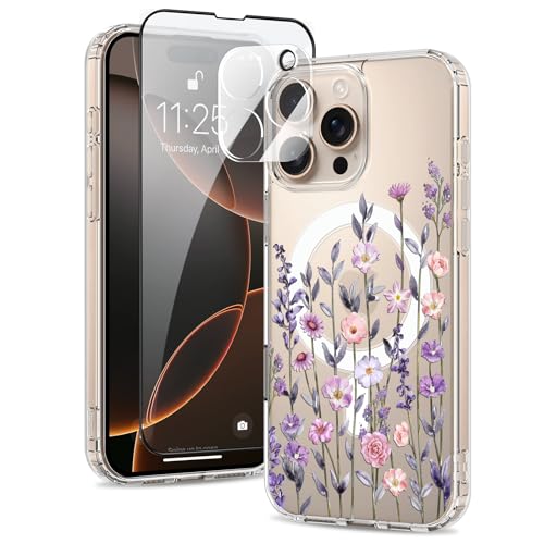 Fsoole Magnetische Schutzhülle für iPhone 16 Pro Max, kompatibel mit MagSafe, mit Bildschirm- und Kameraschutz, klares Blumenmuster, schlanke, stoßfeste Handyhülle für Damen und Mädchen Fsoole Magnetische Schutzhülle für iPhone 16 Pro Max, kompatibel mit MagSafe, mit Bildschirm- und Kameraschutz, klares Blumenmuster, schlanke, stoßfeste Handyhülle für Damen und Mädchen von Fsoole