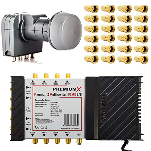 PremiumX PXMS Multischalter 5/8 Multiswitch Netzteil mit Fuba Quattro LNB und 24x F-Stecker für 8 Teilnehmer fähig 4K 8K von Fuba Vertriebs-GmbH