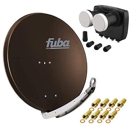 Digital Sat Anlage 2 Satelliten Astra/Hotbird - 4 Teilnehmer | Fuba DAA850B Sat Schüssel 85cm braun + DUR-line MB6-QS Monoblock Quad LNB 6° (DVB-S2, HDTV, 4K/8K, 3D) + 8xF-Stecker vergoldet von Fuba