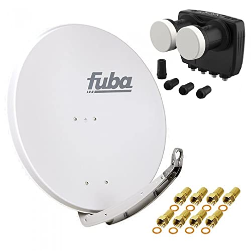 Digital Sat Anlage 2 Satelliten Astra/Hotbird - 4 Teilnehmer | Fuba DAA850G Sat Schüssel 85cm hellgrau + DUR-line MB6-QS Monoblock Quad LNB 6° (DVB-S2, HDTV, 4K/8K, 3D) + 8xF-Stecker vergoldet von Fuba