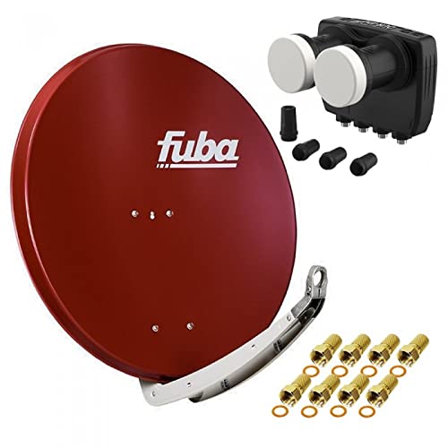 Digital Sat Anlage 2 Satelliten Astra/Hotbird - 4 Teilnehmer | Fuba DAA850R Sat Schüssel 85cm Ziegelrot + DUR-line MB6-QS Monoblock Quad LNB 6° (DVB-S2, HDTV, 4K/8K, 3D) + 8xF-Stecker vergoldet von Fuba