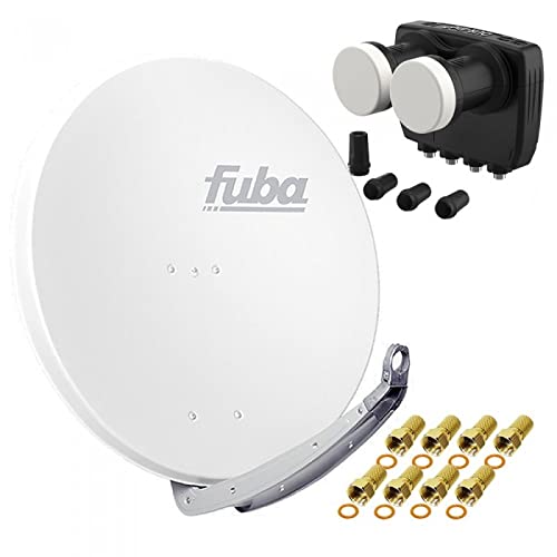 Digital Sat Anlage 2 Satelliten Astra/Hotbird - 4 Teilnehmer | Fuba DAA850W Sat Schüssel 85cm weiß + DUR-line MB6-QS Monoblock Quad LNB 6° (DVB-S2, HDTV, 4K/8K, 3D) + 8xF-Stecker vergoldet von Fuba