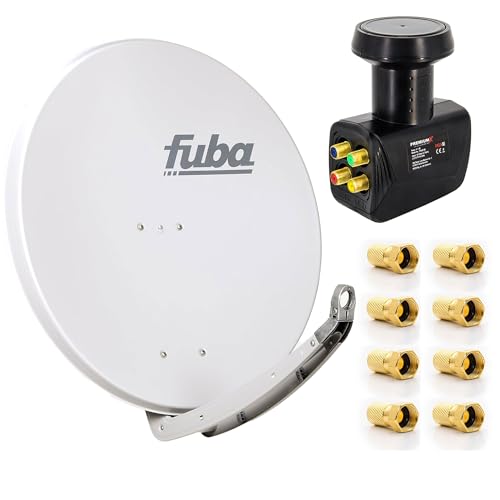 Digital Sat-Anlage Fuba DAA 850 G Satellitenschüssel Grau 85x85cm + PremiumX Quad LNB für 4 Teilnehmer + 8 F-Stecker - Komplett Set HDTV Full HD 4K tauglich + 8X F-Stecker von Fuba