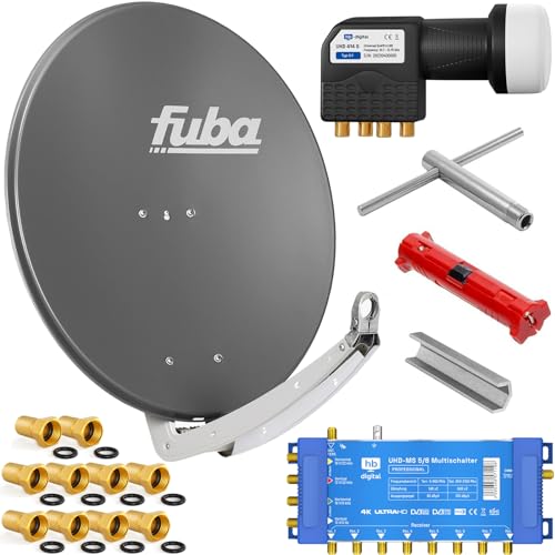 Fuba 8 Teilnehmer Digital SAT Anlage 78cm Schüssel DAA780A Anthrazit + hb-digital UHD 414 S Quattro LNB 0,1dB HDTV 4K + UHD-MS 5/8 Multischalter + Aufdreh-Set + 24 vergoldete F-Stecker Gratis dazu von Fuba