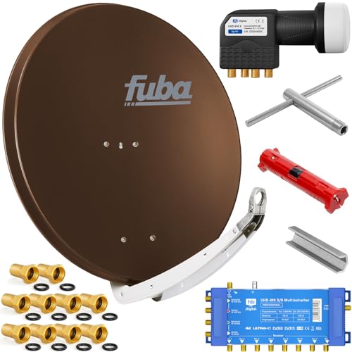 Fuba 8 Teilnehmer Digital SAT Anlage 85cm Schüssel DAA850B Braun + hb-digital UHD 414 S Quattro LNB 0,1dB HDTV 4K + UHD-MS 5/8 Multischalter + Aufdreh-Set + 24 vergoldete F-Stecker Gratis dazu Fuba 8 Teilnehmer Digital SAT Anlage 85cm Schüssel DAA850B Braun + hb-digital UHD 414 S Quattro LNB 0,1dB HDTV 4K + UHD-MS 5/8 Multischalter + Aufdreh-Set + 24 vergoldete F-Stecker Gratis dazu von Fuba