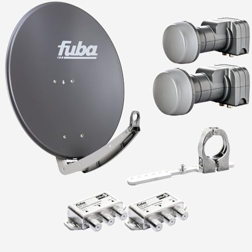 Fuba Sat Anlage 2 Teilnehmer - 2 Satelliten (z.B. Astra/Hotbird) | DAA 780 A Satellitenschüssel 80cm Alu anthrazit (Testergebnis: ausgezeichnet)* + 2X Twin LNB + Multifeedschiene + 2X DiSEqC-Schalter von Fuba