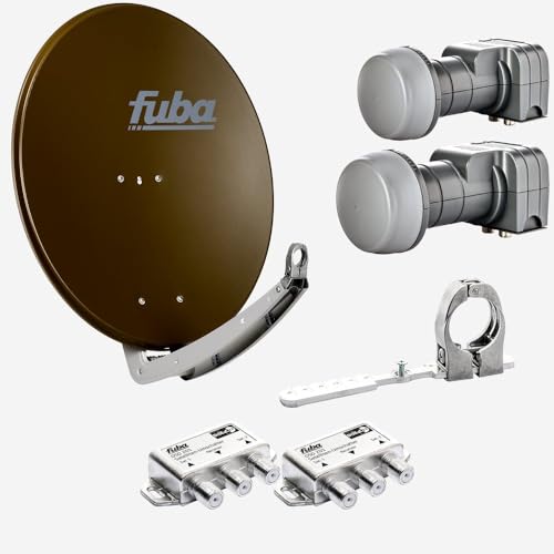 Fuba Sat Anlage 2 Teilnehmer - 2 Satelliten (z.B. Astra/Hotbird) | DAA 780 B Satellitenschüssel 80cm Alu braun (Testergebnis: ausgezeichnet)* + 2X Twin LNB + Multifeedschiene + 2X DiSEqC-Schalter von Fuba