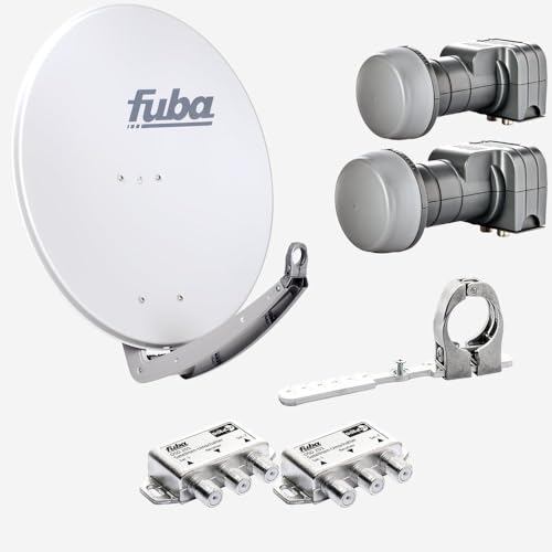 Fuba Sat Anlage 2 Teilnehmer - 2 Satelliten (z.B. Astra/Hotbird) | DAA 780 G Satellitenschüssel 80cm Alu hellgrau (Testergebnis: ausgezeichnet)* + 2X Twin LNB + Multifeedschiene + 2X DiSEqC-Schalter von Fuba