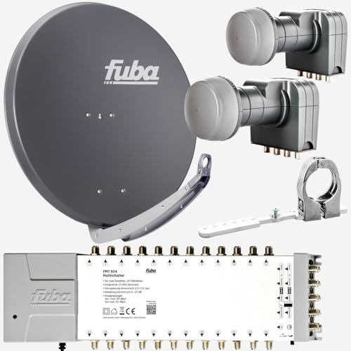 Fuba Sat Anlage 24 Teilnehmer - 2 Satelliten (z.B. Astra/Hotbird) | Satellitenschüssel Komplettset - DAA 850 A Sat-Schüssel 85cm Alu anthrazit + 2X LNB + Multifeed + Multischalter 24 Teilnehmer von Fuba