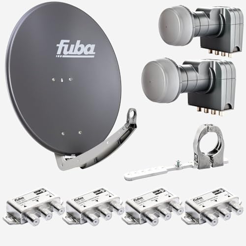 Fuba Sat Anlage 4 Teilnehmer - 2 Satelliten (z.B. Astra/Hotbird) | DAA 780 A Satellitenschüssel 80cm Alu anthrazit (Testergebnis: ausgezeichnet)* + 2X Quad LNB + Multifeedschiene + 4X DiSEqC-Schalter von Fuba