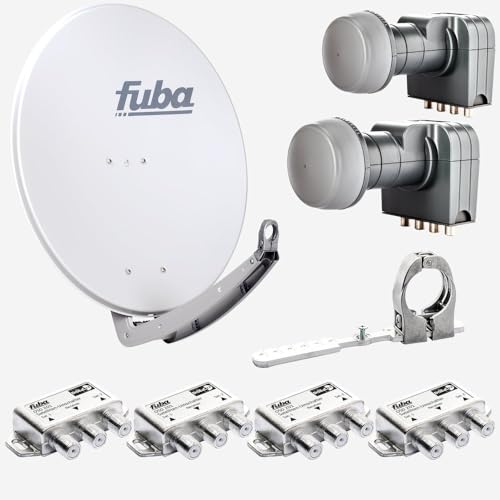 Fuba Sat Anlage 4 Teilnehmer - 2 Satelliten (z.B. Astra/Hotbird) | DAA 780 G Satellitenschüssel 80cm Alu hellgrau (Testergebnis: ausgezeichnet)* + 2X Quad LNB + Multifeedschiene + 4X DiSEqC-Schalter von Fuba