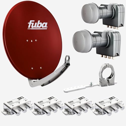 Fuba Sat Anlage 4 Teilnehmer - 2 Satelliten (z.B. Astra/Hotbird) | DAA 780 R Satellitenschüssel 80cm Alu rot (Testergebnis: ausgezeichnet)* + 2X Quad LNB + Multifeedschiene + 4X DiSEqC-Schalter von Fuba