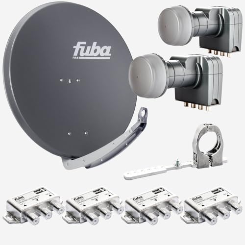 Fuba Sat Anlage 4 Teilnehmer - 2 Satelliten | Satellitenschüssel Komplettset - DAA 850 A Sat-Schüssel 85cm Alu anthrazit + 2X Quad LNB 4 Teilnehmer + Multifeedschiene + 4X DiSEqC-Schalter(HDTV/4K/8K) von Fuba