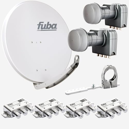 Fuba Sat Anlage 4 Teilnehmer - 2 Satelliten | Satellitenschüssel Komplettset - DAA 850 G Sat-Schüssel 85cm Alu hellgrau + 2X Quad LNB 4 Teilnehmer + Multifeedschiene + 4X DiSEqC-Schalter(HDTV/4K/8K) von Fuba