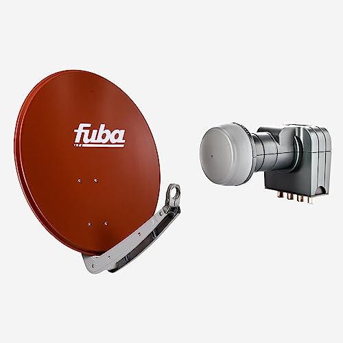 Fuba Sat Anlage 4 Teilnehmer | Satellitenschüssel Komplettset - DAA 650 R Sat-Schüssel 60x65cm Alu rot + Fuba DEK 417 Quad LNB 4 Teilnehmer (DVB-S2, HDTV, UHD 4K/8K, 3D) mit LTE-Störfilter von Fuba